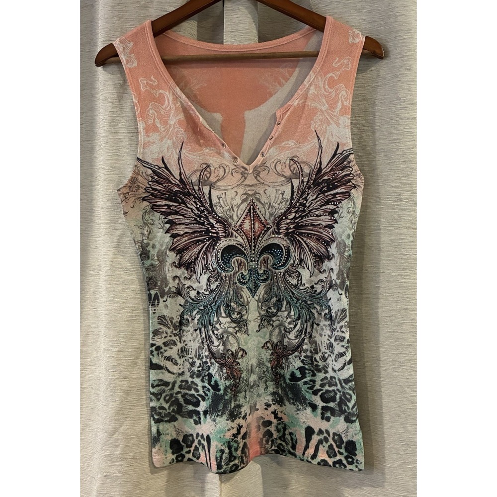 Vocal Y2K Sleeveless Tank Rhinestone Fleur De Lis Grunge Leopard Print Top T-321